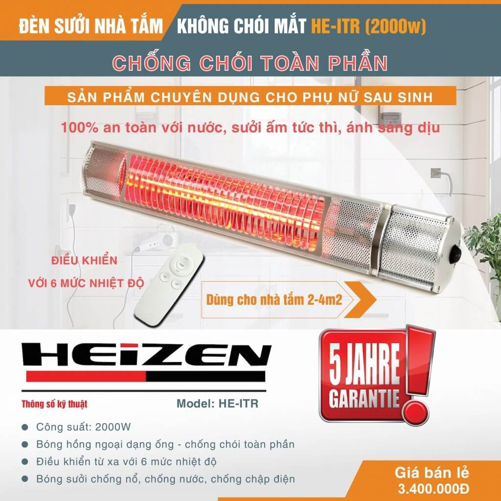 Đèn sưởi không chói heizen he-itr có điều khiển 3 Đèn sưởi không chói mắt Heizen HE - ITR có điều khiển 2000W của Đức bảo hành 5 năm