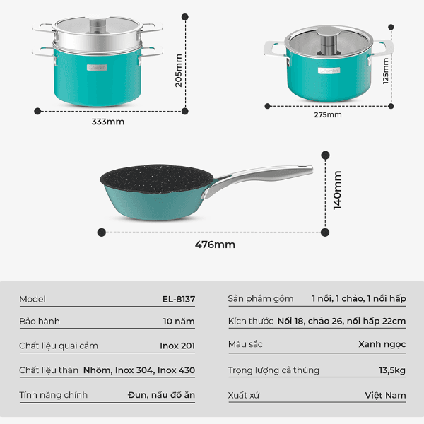 Bộ nồi inox liền khối elmich hera el-8137 3 Thông tin chi tiết sản phẩm bộ chảo nồi xửng Inox liền khối Elmich Hera