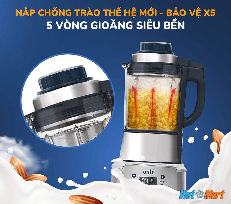 Máy làm sữa hạt unie v9s xay nấu đa năng 1,75 lít 1800w 16 Nắp chống trào được làm 5 lớp silicon