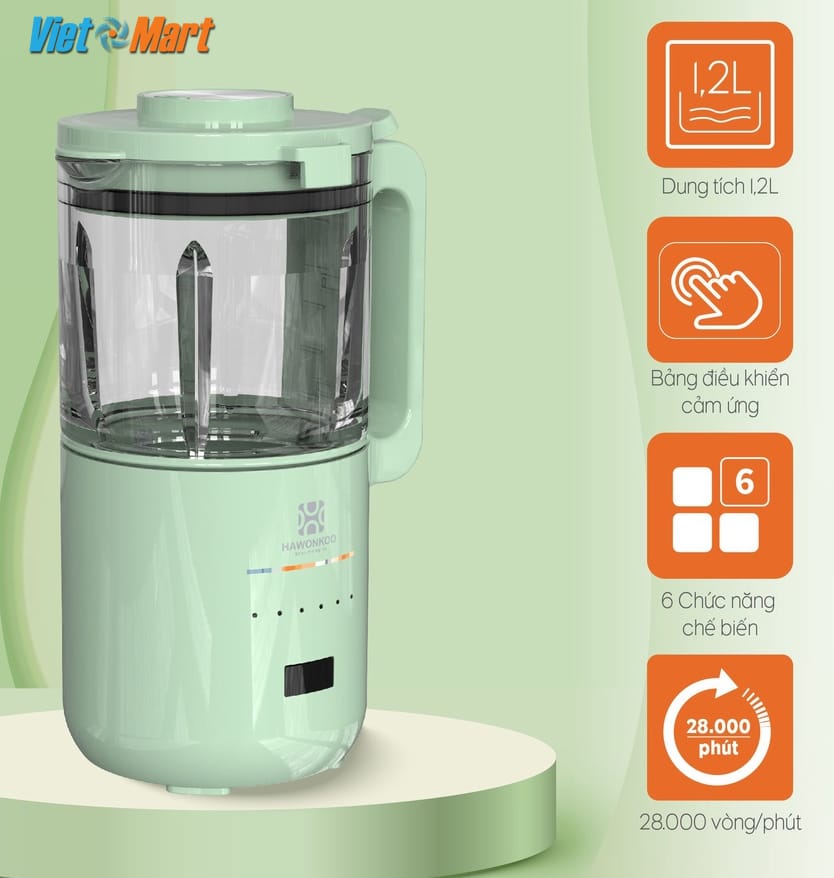 Máy làm sữa hạt hawonkoo smh-120-ge 1,2 lít 1400w 10 Động cơ AC 9 tốc độ xay hoạt động mạnh mẽ êm ái