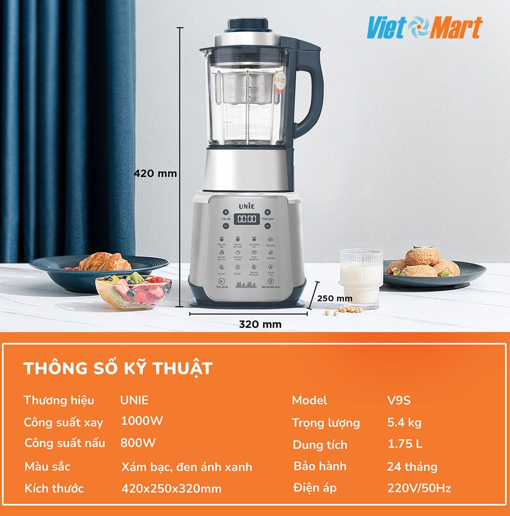 Máy làm sữa hạt unie v9s xay nấu đa năng 1,75 lít 1800w 9 Công suất cao xay nhuyễn min mọi laoij thực phẩm không cần lọc