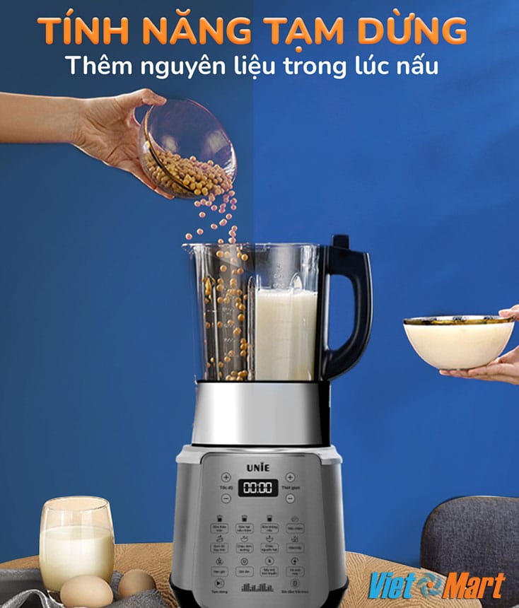 Máy làm sữa hạt unie v9s xay nấu đa năng 1,75 lít 1800w 17 Chức năng tạm dừng khi nấu giup ích cho việc bổ xung nước, hạt hoặc cho thêm đường