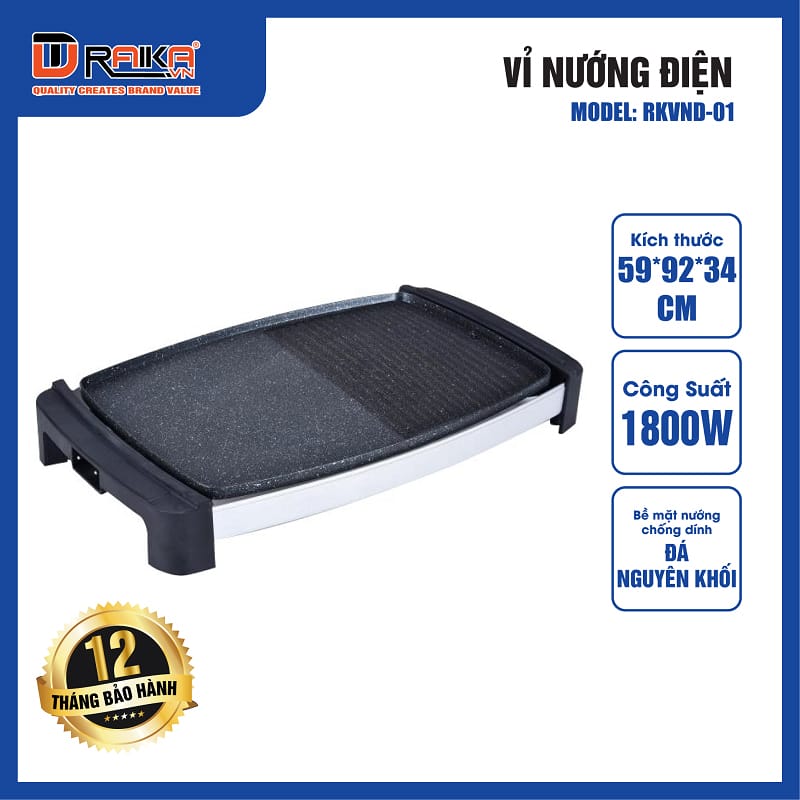 Vỉ nướng điện raika rkvnd-01 1800w 3 bề mặt đá phủ 2 lớp chống dính