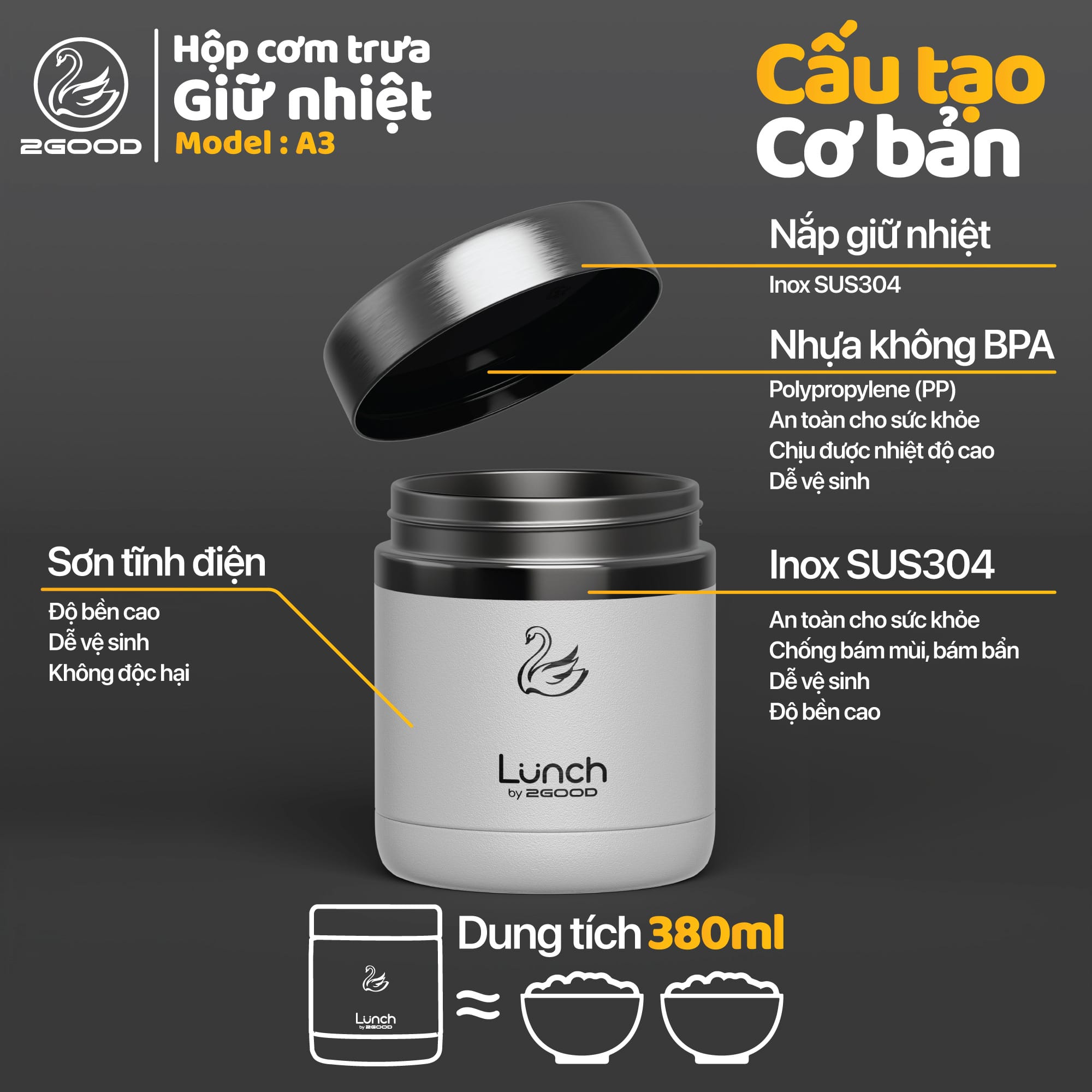 Bộ 3 hộp cơm giữ nhiệt 2good a3 1. 14l 5 Bộ 3 hộp cơm giữ nhiệt 2GOOD A3 1.14L 4