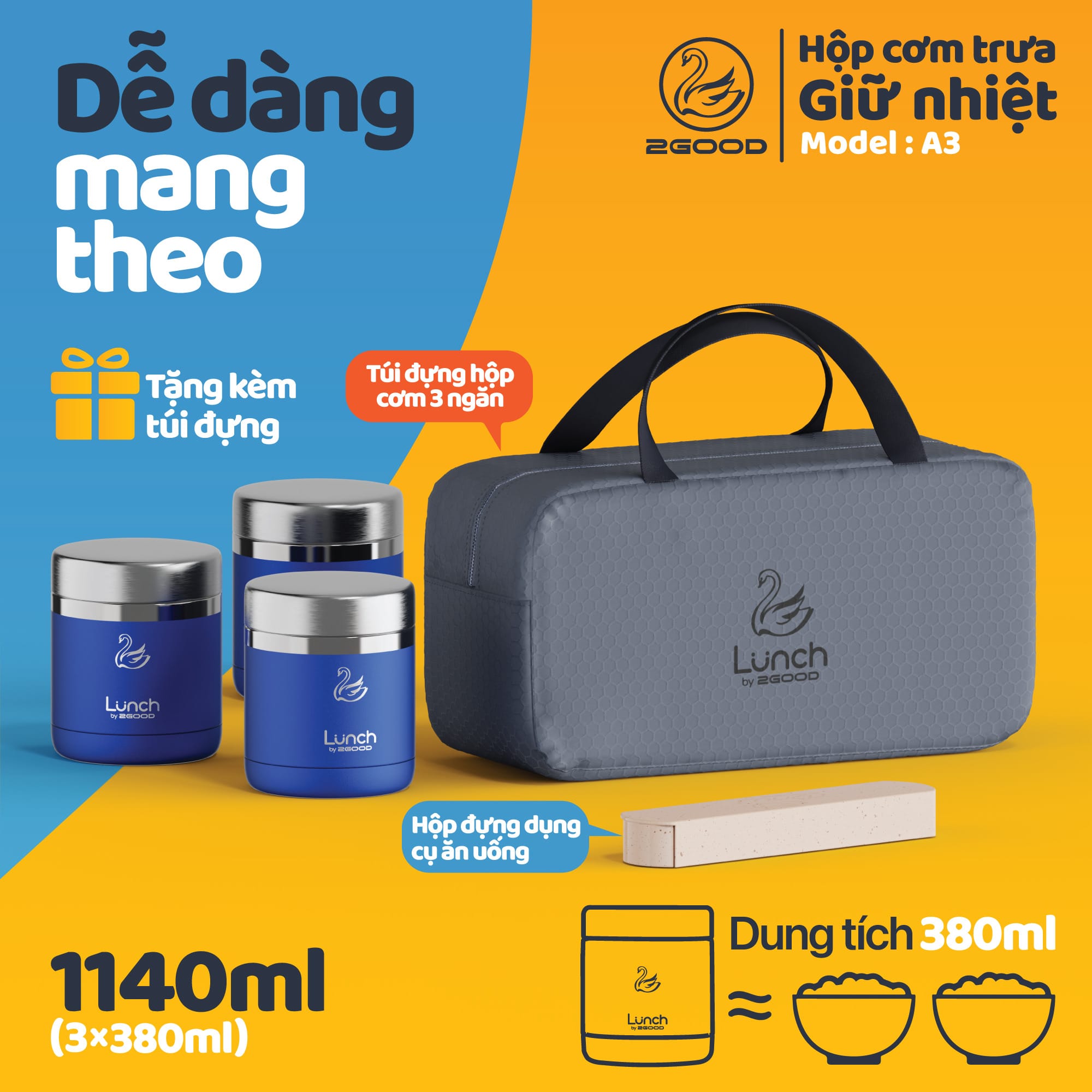 Bộ 3 hộp cơm giữ nhiệt 2good a3 1. 14l 6 Bộ 3 hộp cơm giữ nhiệt 2GOOD A3 1.14L 5