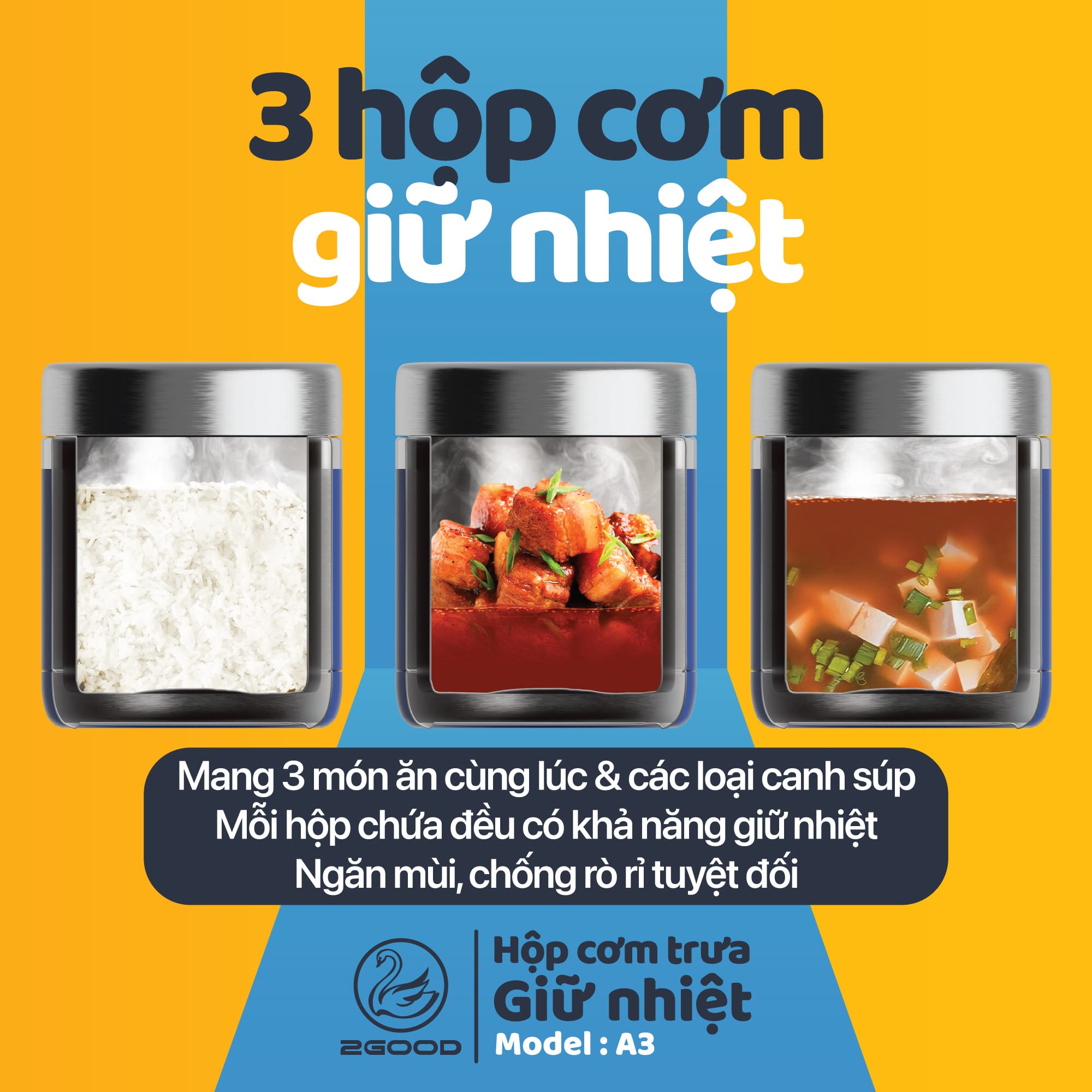 Bộ 3 hộp cơm giữ nhiệt 2good a3 1. 14l 3 Bộ 3 hộp cơm giữ nhiệt 2GOOD A3 1.14L 2
