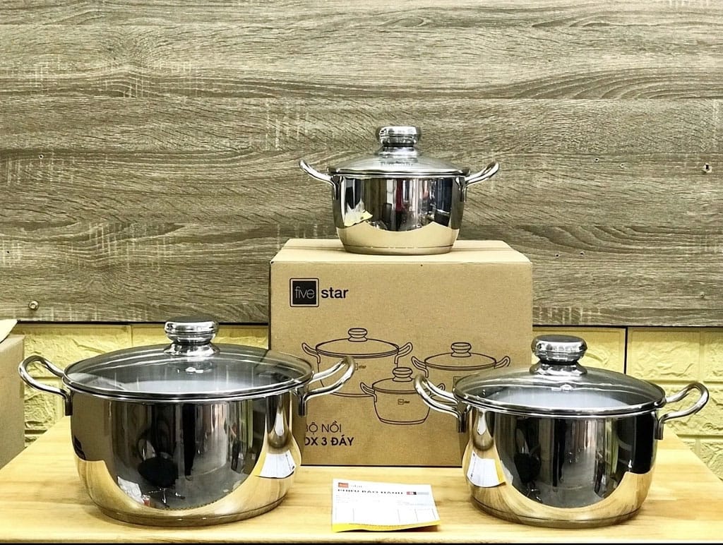 Bộ nồi inox fivestar fsb3028 3 món nắp kính 3 Đáy gồm 3 lớp inox 430 - nhôm - inox 430