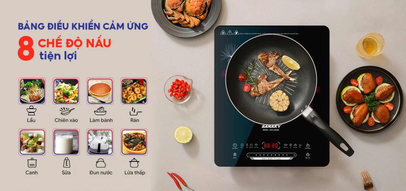Bếp từ đơn sanaky snk-2302bt 5 Bảng điều khiển cảm ứng truợt, 8 chế độ nấu có sẵn