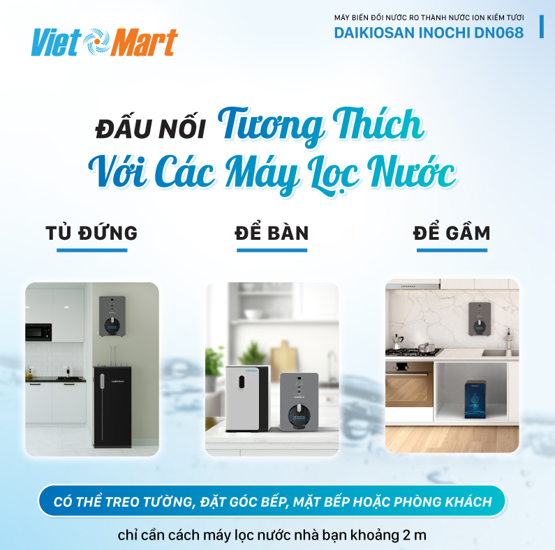 Máy biến đổi nước ro thành nước ion kiềm tươi daikiosan dn068 8 Máy biến đổi ion kiềm Daikiosan DN068 tương thích được tất cả các loại máy lọc nước