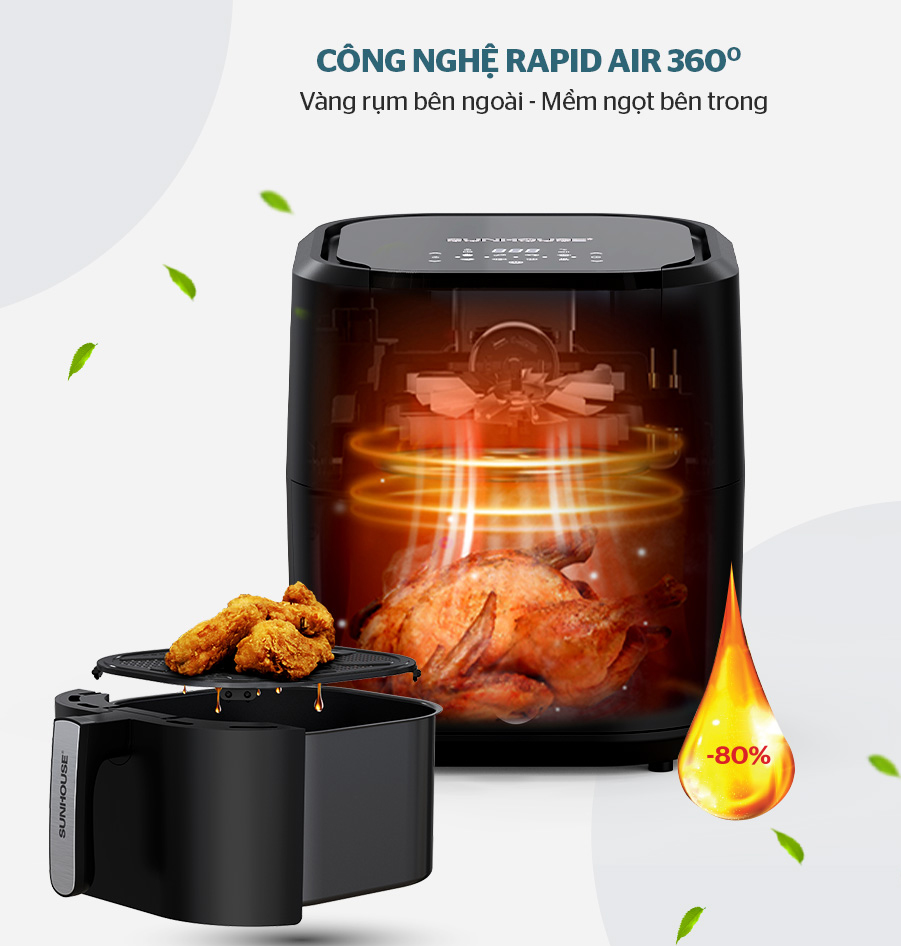 Nồi chiên không dầu sunhouse shd4082 9l 7 Công nghệ Rapid Air luân chuyển nhiệt đều làm chín nhanh