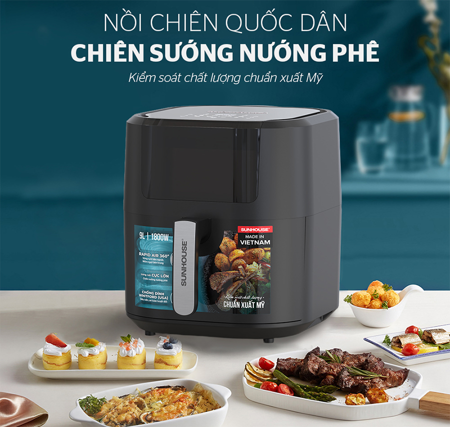 Nồi chiên không dầu sunhouse shd4082 9l 8 Thiết kế sang trọng màu đen dễ dàng phối với mọi không gian