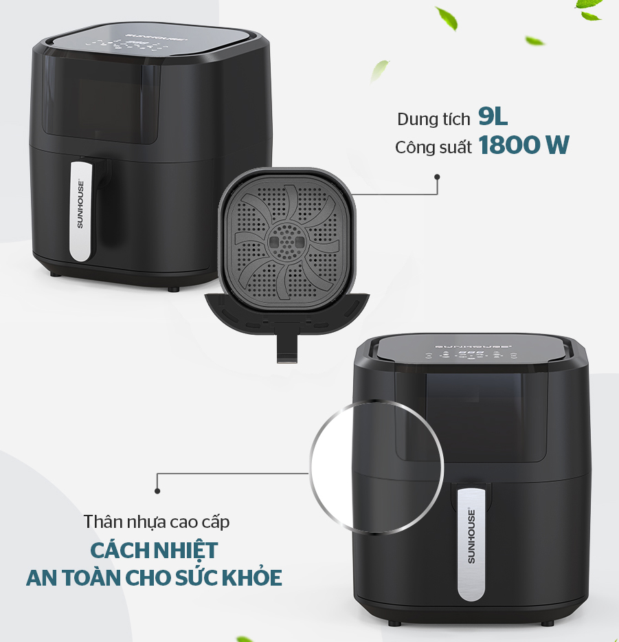 Nồi chiên không dầu sunhouse shd4082 9l 10 Công suất 1800W nướng nhanh và tiết kiệm năng lượng