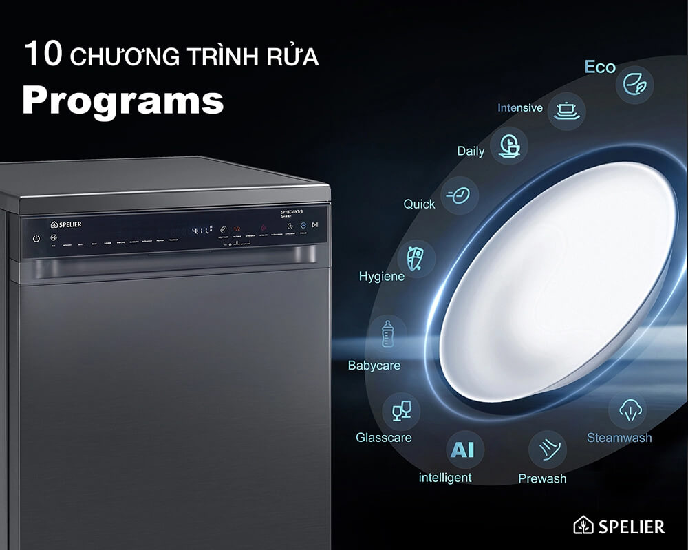 Máy rửa bát spelier sp 16dwkt/b 7 Nhiều chương trình rửa