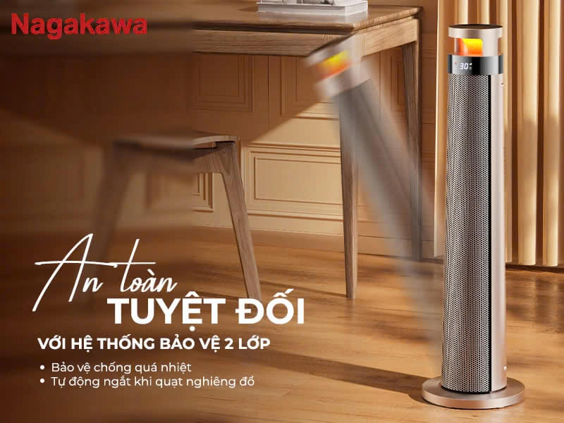 Máy sưởi gốm nagakawa neh8389 có đèn ngủ có điều khiển 12 Tự ngắt khi đổ ngã