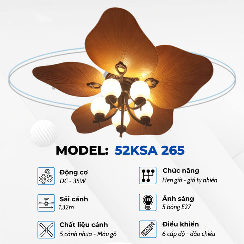 Quạt trần đèn klasse 48ksa 265 5 cánh 4 Thông số kỹ thuật
