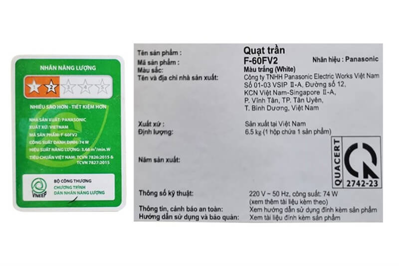 Quạt trần panasonic f-60fv2 nhật bản 3 cánh 74w 5 Thông số kỹ thuật chi tiết