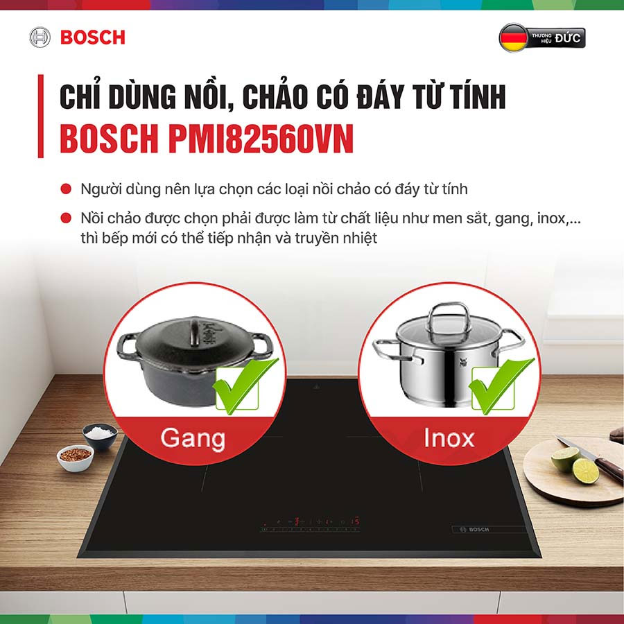 Bếp từ đôi bosch pmi82560vn 19 Sử dụng với nồi, chảo đáy từ