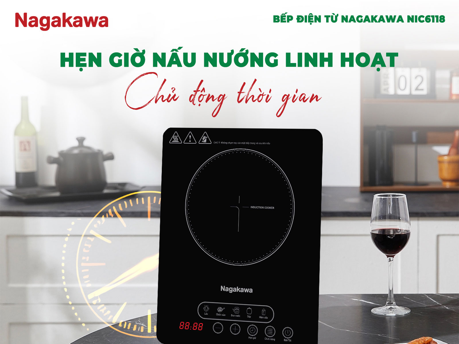 Bếp điện từ đơn nagakawa nic6118 2000w 8 Hẹn giờ nấu nướng linh hoạt