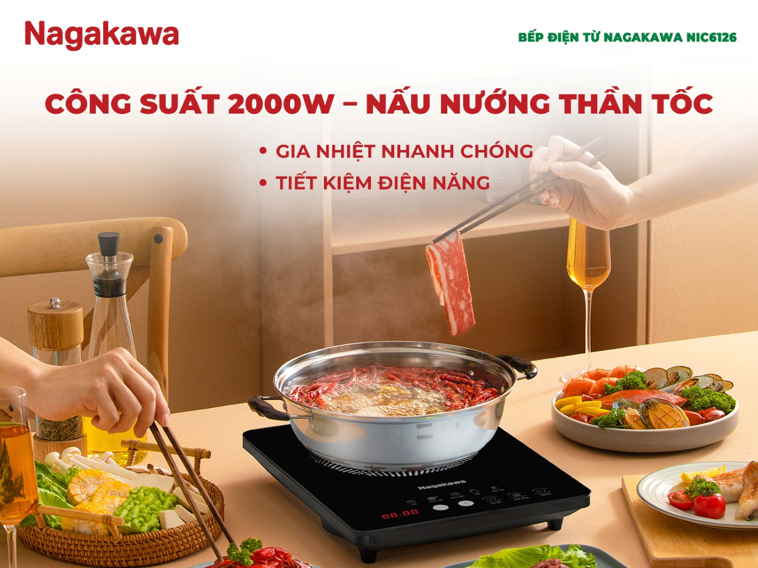 Bếp điện từ đơn nagakawa nic6126 2000w 6 Công suất 2000W mạnh mẽ, tiết kiệm thời gian tối đa