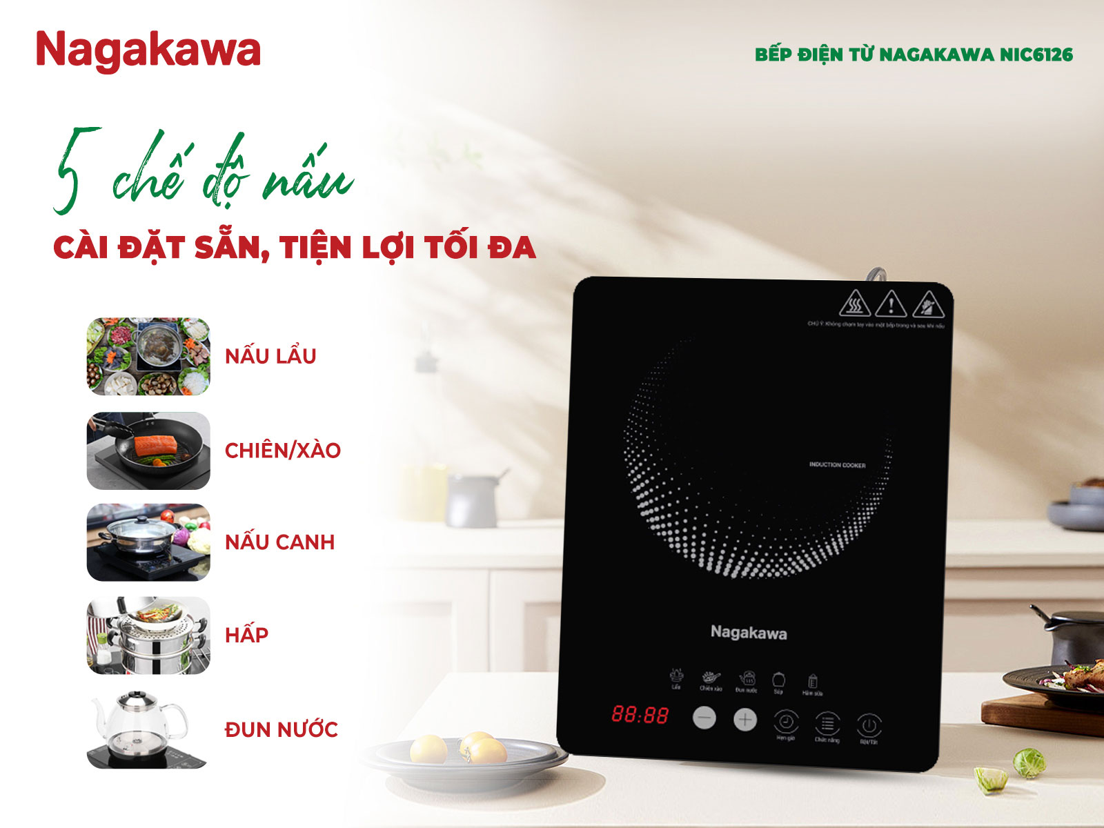 Bếp điện từ đơn nagakawa nic6126 2000w 7 5 chế độ nấu tự động tiện dụng