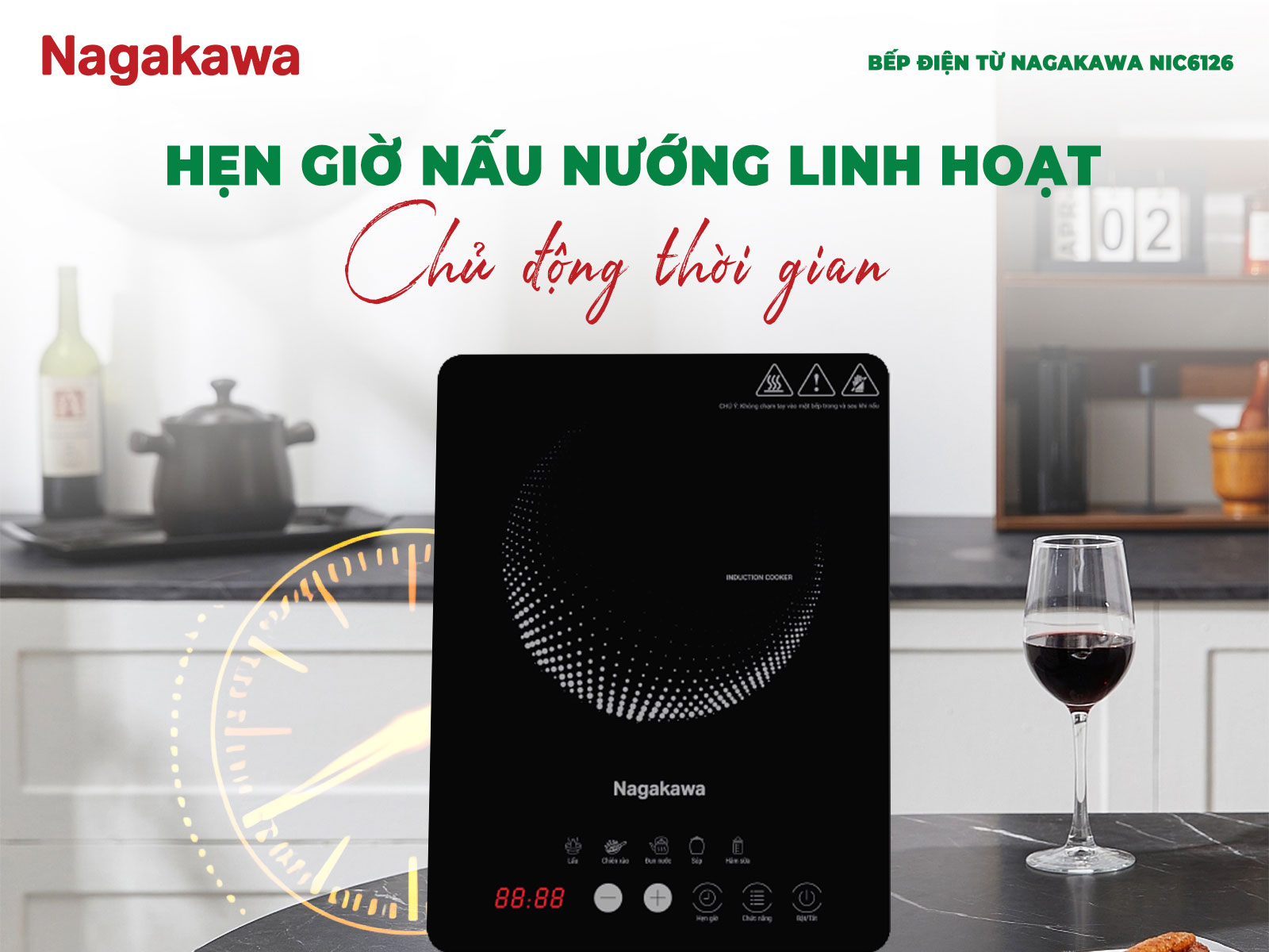 Bếp điện từ đơn nagakawa nic6126 2000w 9 Tính năng hẹn giờ nấu nướng linh hoạt