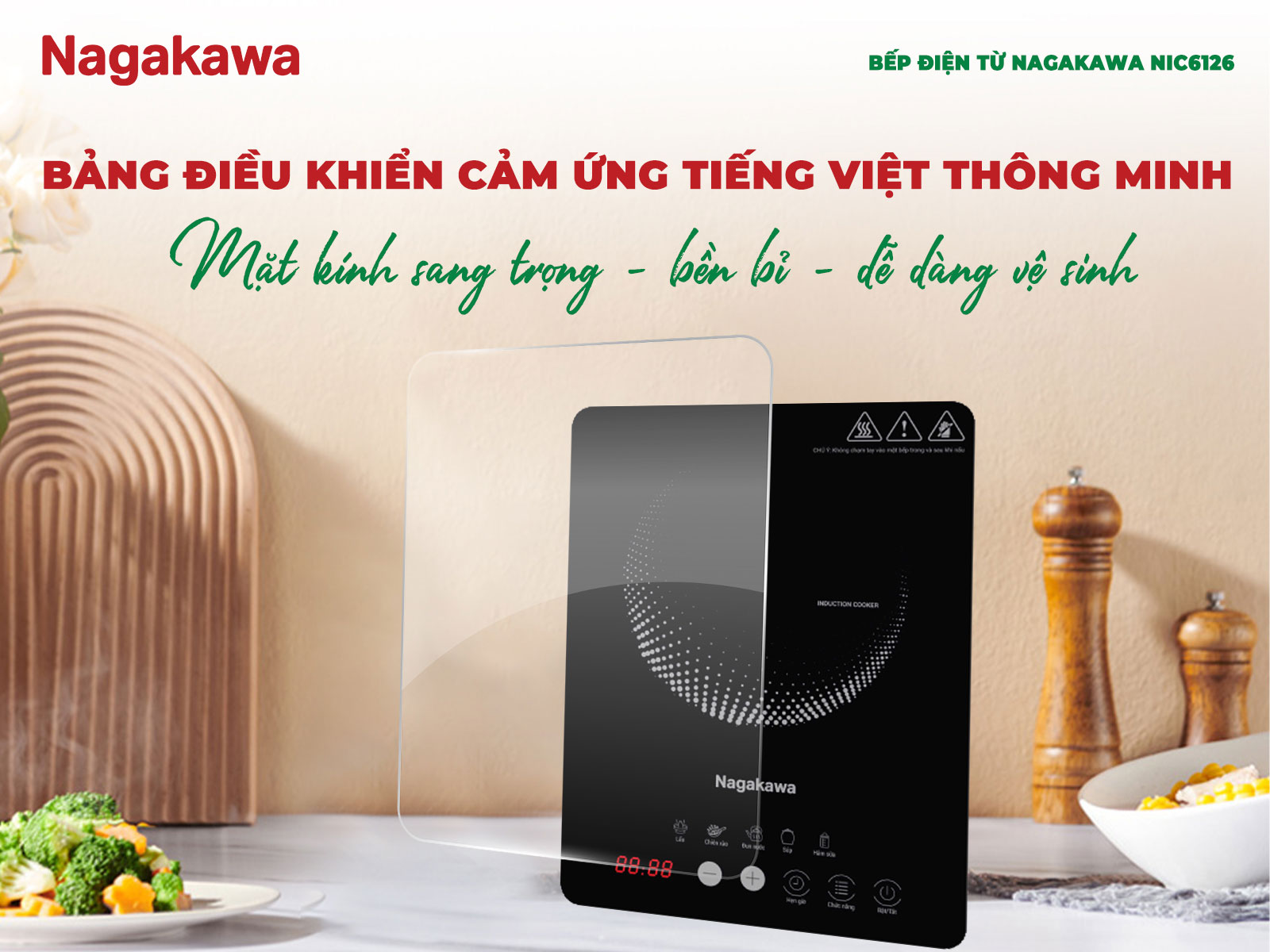 Bếp điện từ đơn nagakawa nic6126 2000w 8 Bảng điều khiển cảm ứng tiếng Việt hiện đại