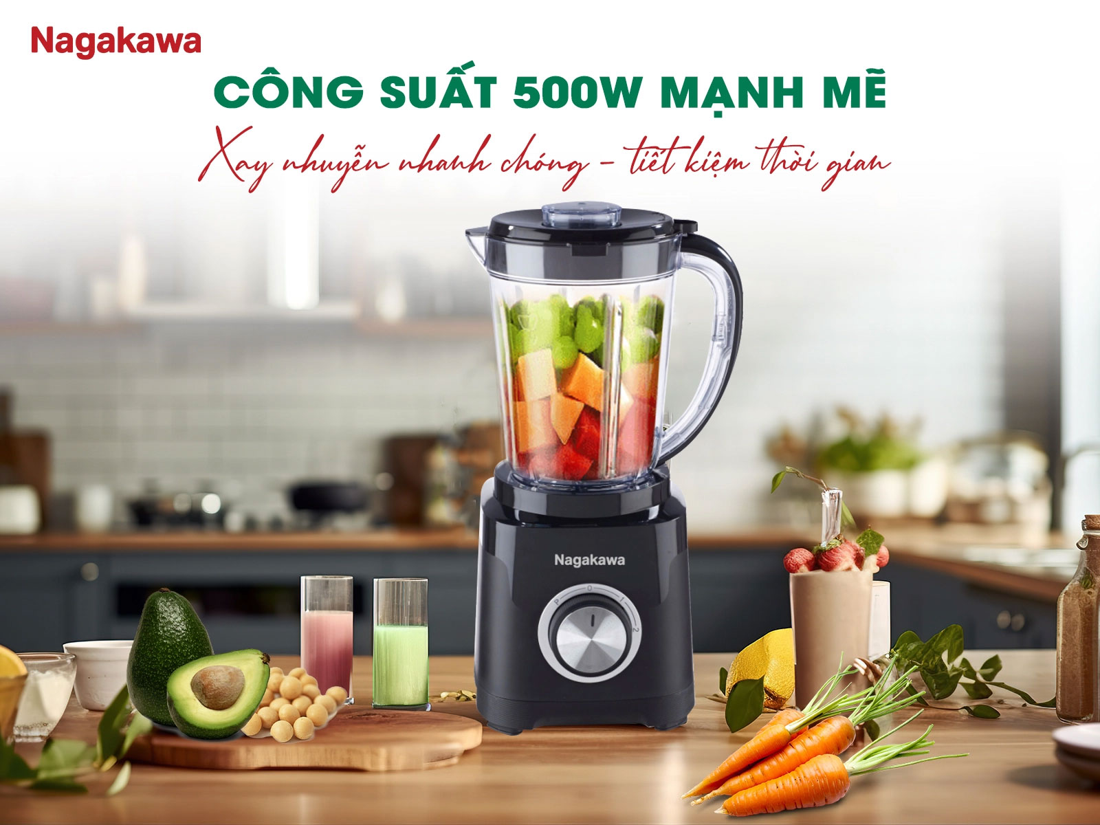 Máy xay sinh tố nagakawa neb3216 1. 5l 2 cối 7 Công suất 500W xay nhuyễn mịn, tiết kiệm thời gian