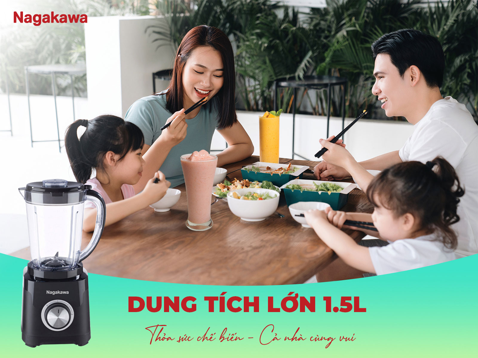 Máy xay sinh tố nagakawa neb3216 1. 5l 2 cối 8 Dung tích cối lớn 1.5L – phục vụ gia đình 3–5 người