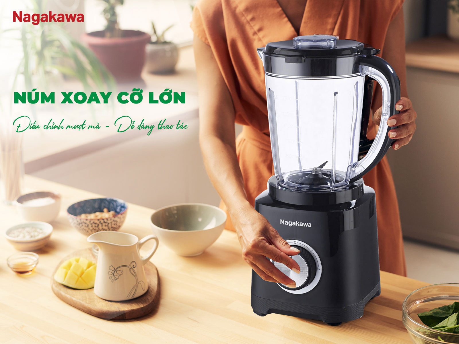 Máy xay sinh tố nagakawa neb3216 1. 5l 2 cối 11 Núm xoay điều khiển dễ dùng, 3 chế độ tiện lợi
