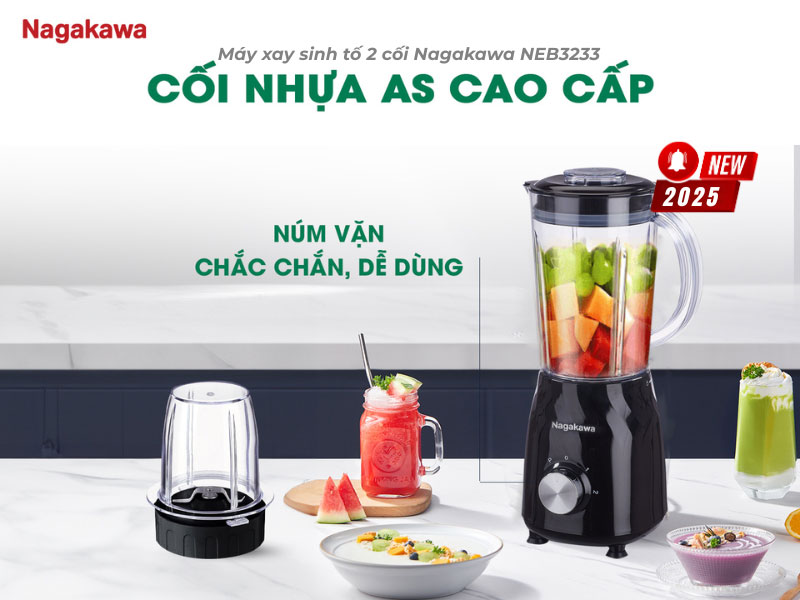 Máy xay sinh tố 2 cối nagakawa neb3233 1. 2l 8 Cối nhựa AS cao cấp – Bền, nhẹ, không bám mùi