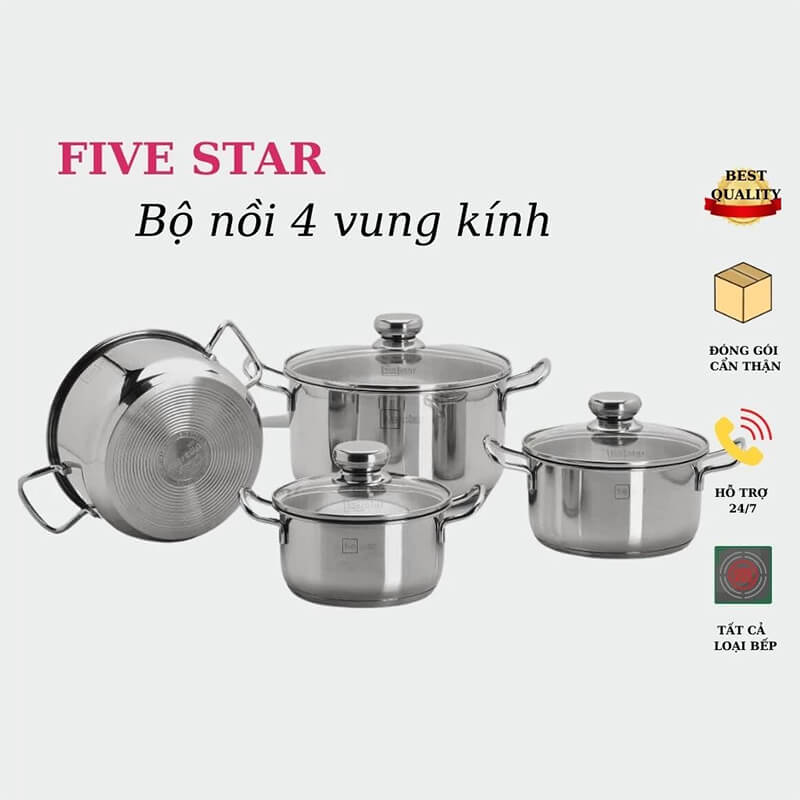 Bộ nồi inox 430 fivestar fsb4001 4 chiếc vung kính 5 Cấu tạo đáy 3 lớp – Truyền nhiệt nhanh, giữ nhiệt lâu