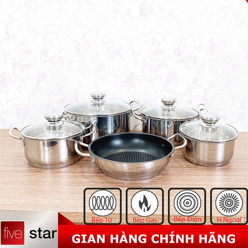 Bộ nồi inox 430 fivestar fsb55d001 5 món 5 lớp đáy 2 Bộ nồi inox 430 Fivestar FSB55D001 5 món 5 lớp đáy