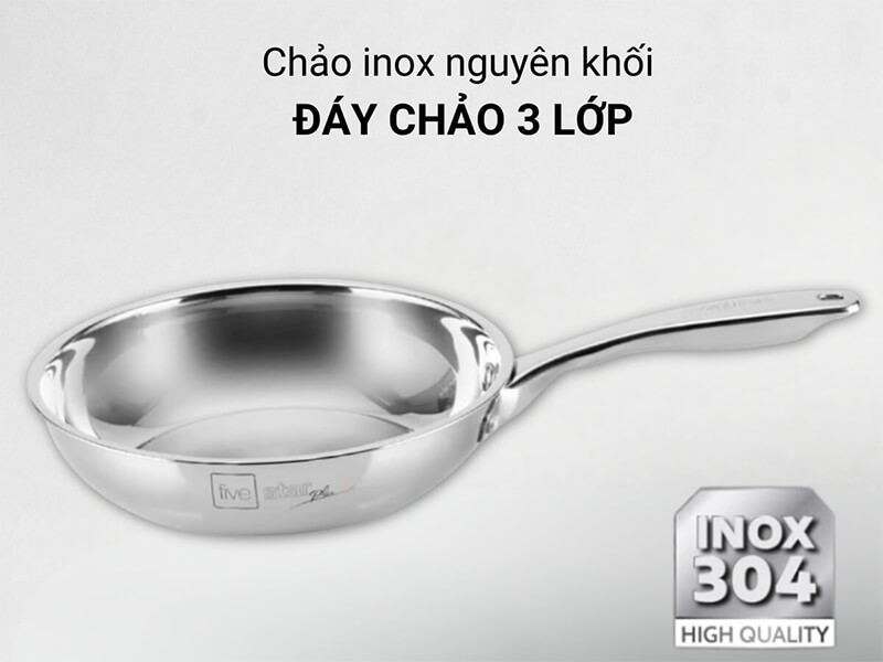 Chảo inox 304 fivestar plus size 22cm 3 lớp liền khối 5 Cấu tạo 3 lớp đáy liền khối tối ưu hiệu suất đun nấu