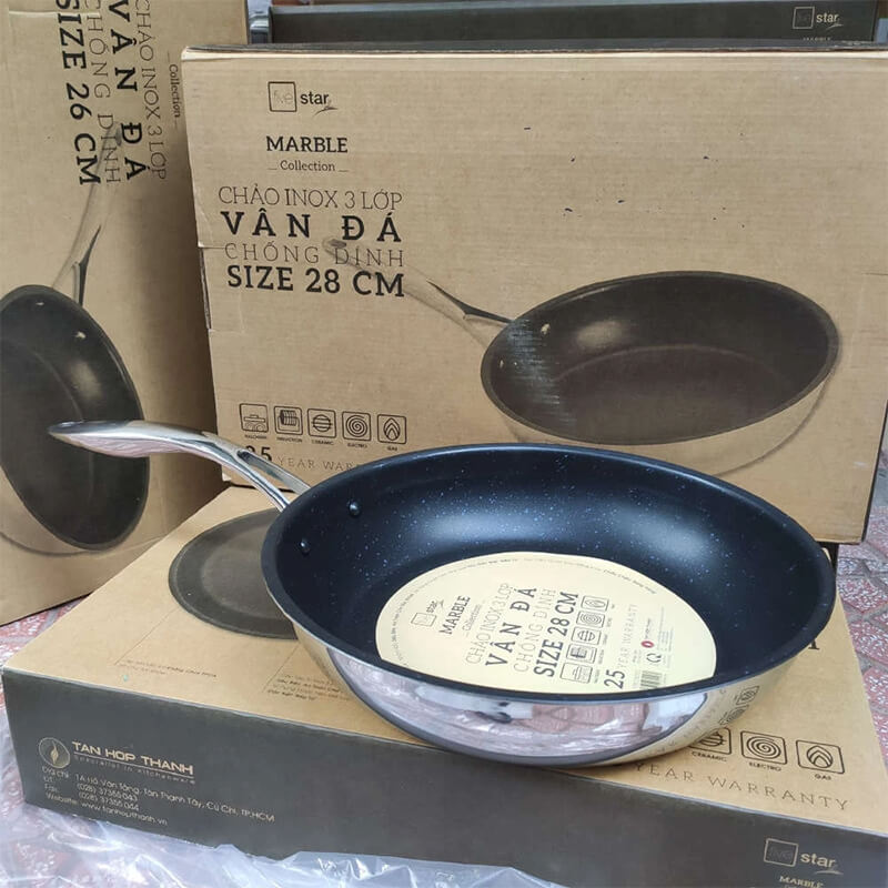 Chảo inox 304 chống dính fivestar 28cm vân đá 3 lớp 8 Độ bền vượt trội – Bảo hành 25 năm chính hãng