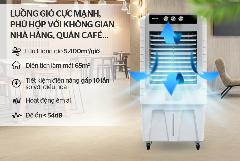 Máy làm mát không khí sunhouse shd7776 200w 9 Thích hợp với các không gian mở như quán cafe, cửa hàng, nhà hàng…