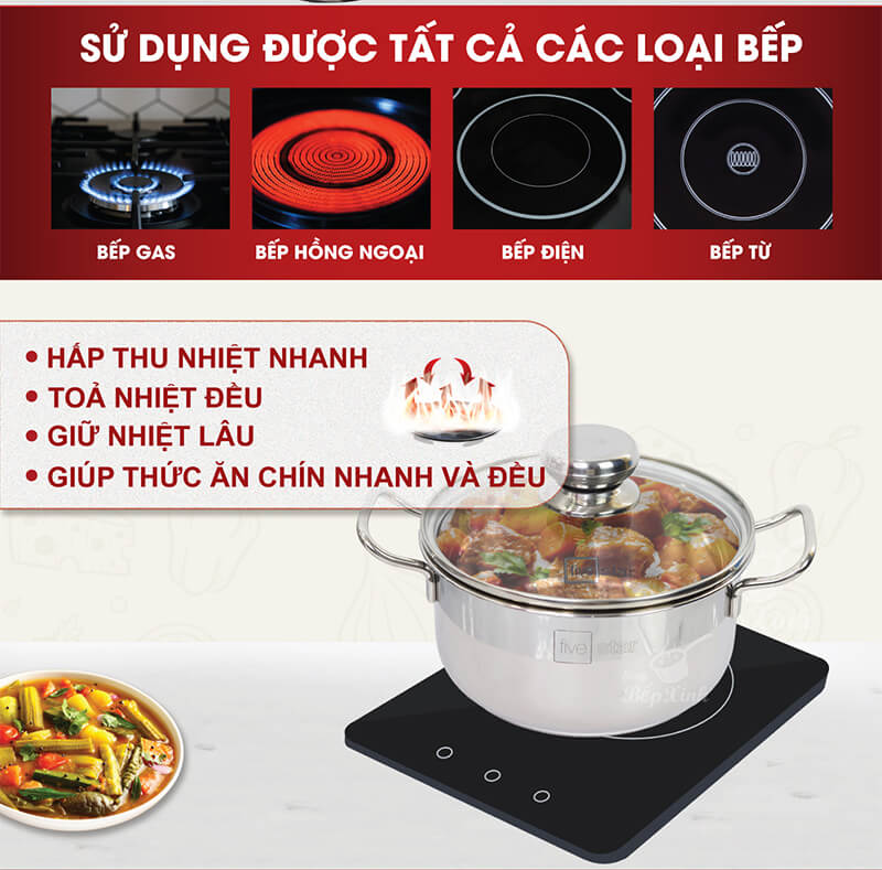 Nồi inox 430 fivestar fsn-20in002 20cm đáy sanndwich nắp kính 10 Công năng đa dạng – trợ thủ đắc lực trong căn bếp