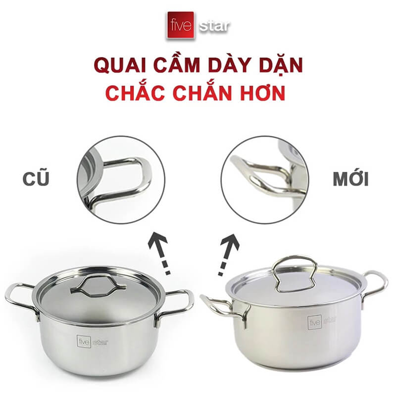 Nồi inox 430 fivestar fsn-20in003 20cm đáy sanndwich nắp inox 4 Quai cầm dày dặn bền bỉ