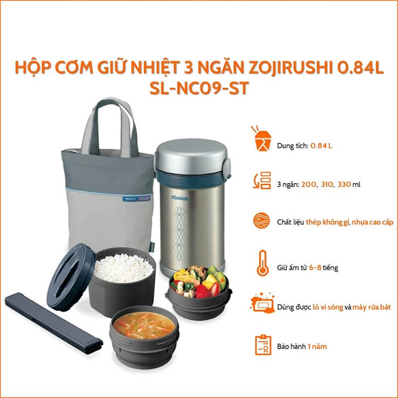 Hộp cơm giữ nhiệt Zojirushi SL-NC09-ST 3 ngăn 0,84L
