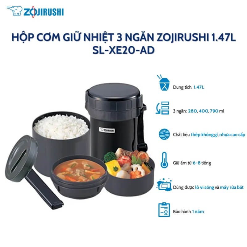 Hộp cơm giữ nhiệt Zojirushi SL-XE20-AD 3 ngăn 1,47L