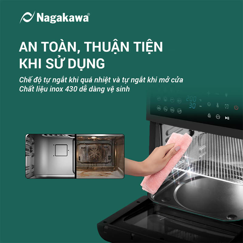 Nồi chiên không dầu nagakawa nag3307 12l 9 Tính năng an toàn – Tránh quá nhiệt và tự ngắt khi mở nắp