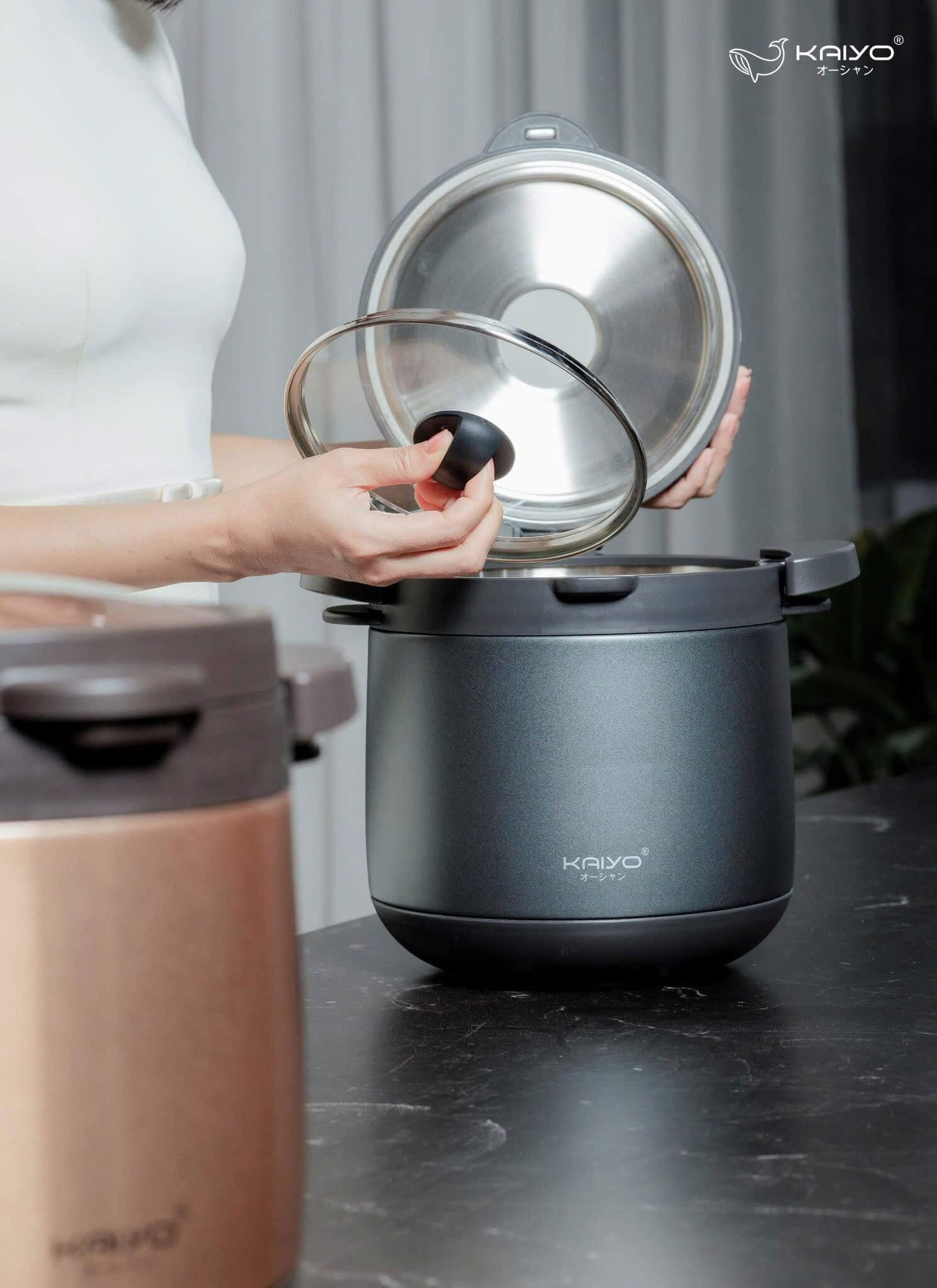 Nồi ủ kaiyo nhật bản ktc-6902 4. 5l 4 Vung kính cường lực trong suốt – quan sát thực phẩm mọi lúc, không cần mở nắp
