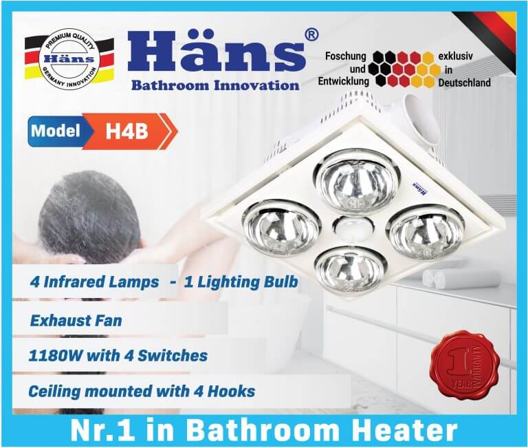 Đèn sưởi 4 bóng âm trần nhà tắm hans h4b 5 Đèn sưởi âm trần nhà tắm Hans H4B