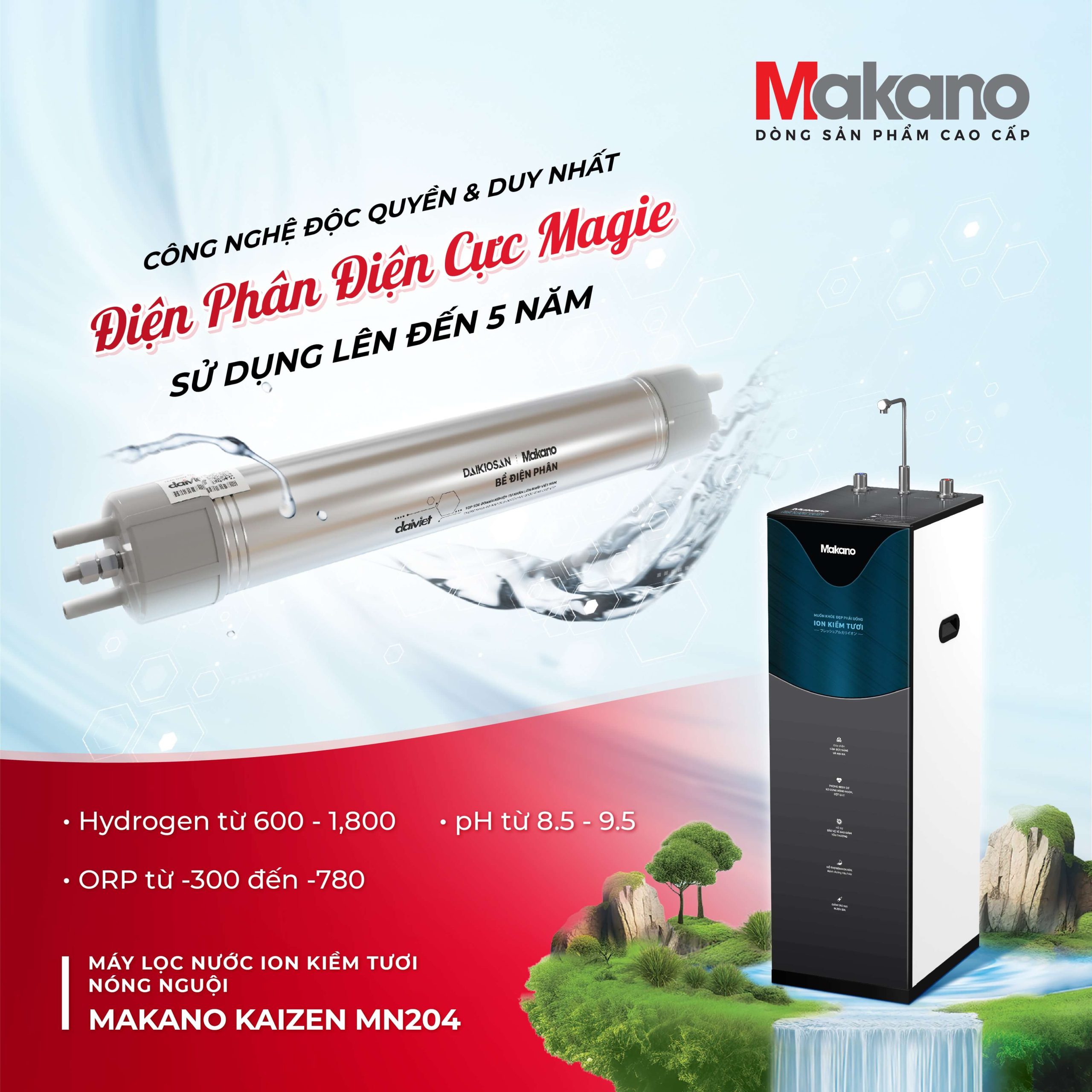 Máy lọc nước ion kiềm makano mn205 nóng nguội (ph thấp) 7 Công nghệ điện cực Magie độc quyền – chỉ số ion kiềm cao nhất thị trường