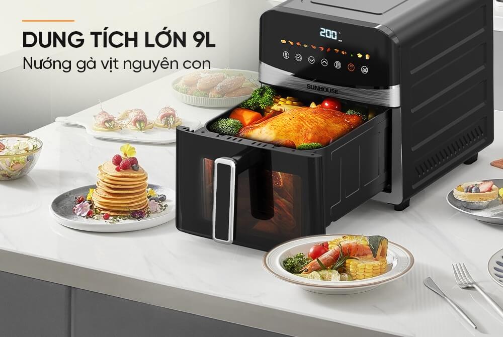 Nồi chiên không dầu 9l sunhouse shd4090 4 Nồi chiên không dầu Sunhouse SHD4090 dung tích 9L chiên nướng nguyên con