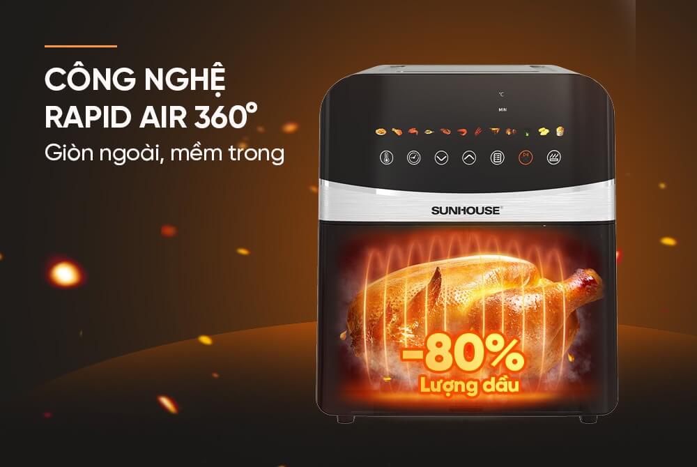 Nồi chiên không dầu 9l sunhouse shd4090 5 Nồi chiên không dầu 9L Sunhouse SHD4090 công nghệ Rapid Air chín đều, giòn ngoài, mềm trong