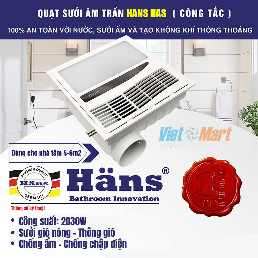 Quạt sưởi âm trần kèm hút thông gió hans has 5 Tính năng cơ bản của quạt sưởi âm trần Hans HAS