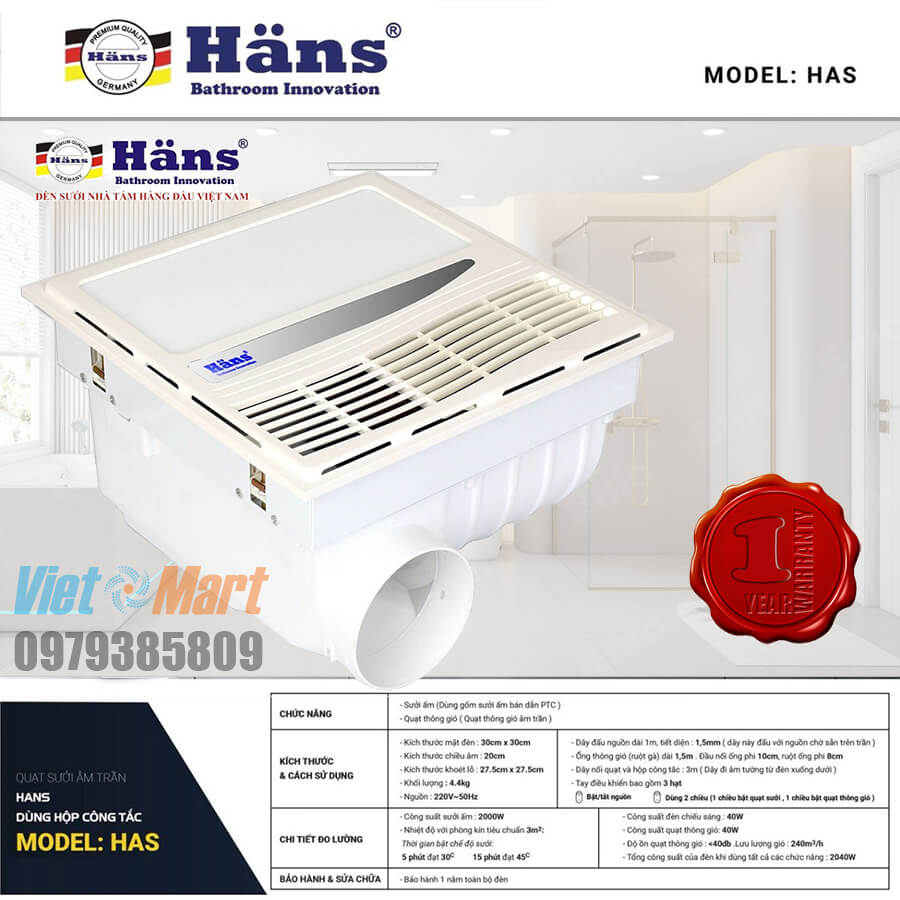 Quạt sưởi âm trần kèm hút thông gió hans has 6 Thông số chi tiết của quạt sưởi âm trần nhà tắm Hans HAS