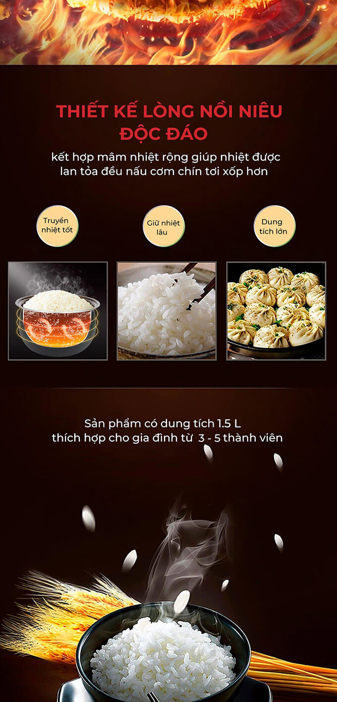 Nồi cơm điện lòng niêu sato 15q026. N 1. 5l 11 Nồi cơm 1,5 Lít Sato 15Q026.N thiết kế lòng nồi niêu với mâm nhiệt rộng giúp nhiệt lượng lan tỏa đều