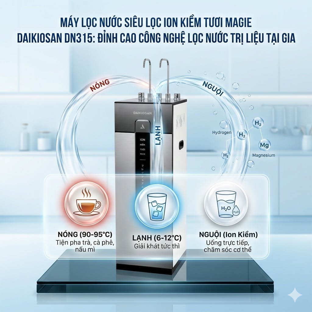 Máy lọc nước siêu lọc ion kiềm tươi magie daikiosan dn315 4 Máy lọc nước siêu lọc Ion kiềm tươi Magie Daikiosan DN315 tự hào mang đến giải pháp nguồn nước toàn diện với 4 chế độ nước