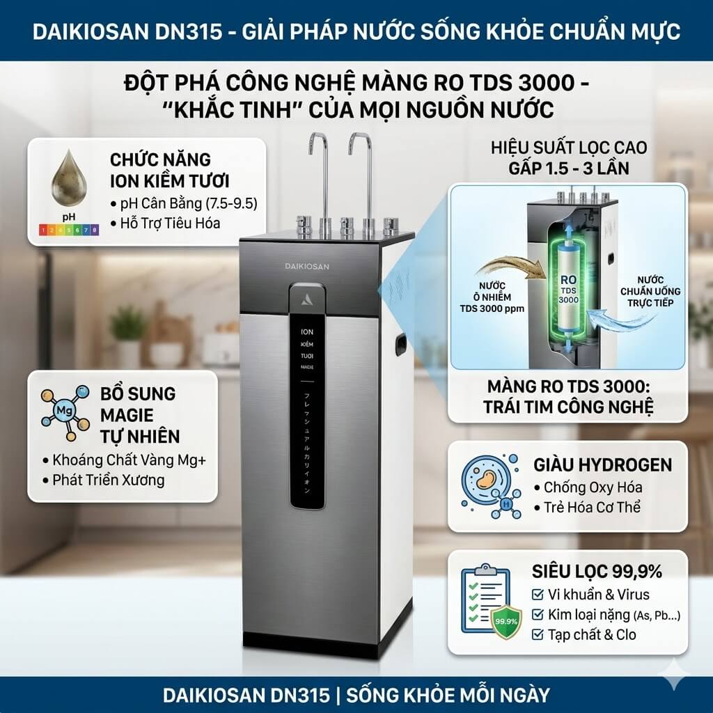 Máy lọc nước siêu lọc ion kiềm tươi magie daikiosan dn315 3 Bước Tiến Vượt Trội Với Màng RO TDS 3000 – "Khắc Tinh" Của Mọi Nguồn Nước Ô Nhiễm